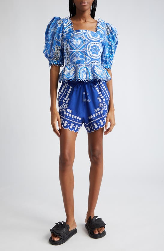 Shop Farm Rio Embroidered Linen Blend Shorts In Navy Blue