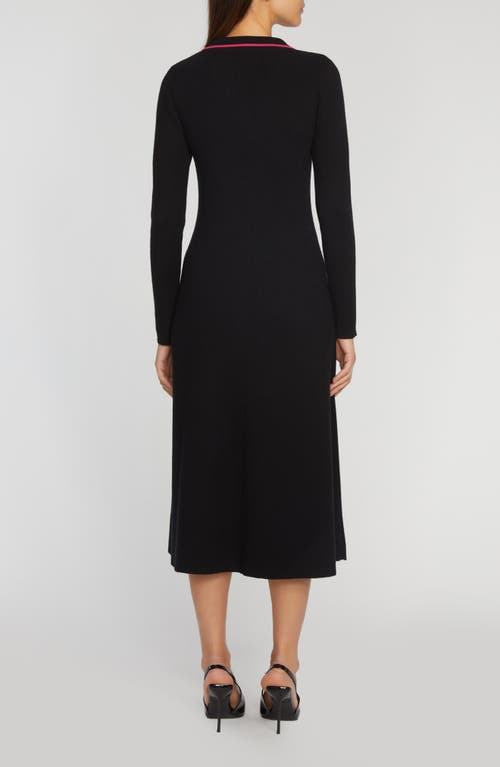 Shop Elie Tahari The Nadia Long Sleeve Button Front Sweater Dress In Noir W/pink Tipping