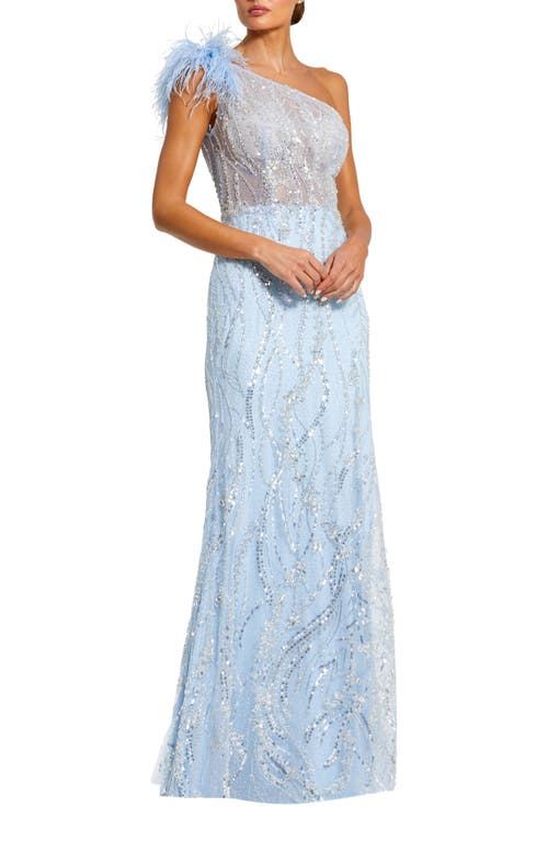Mac Duggal Feather One-Shoulder Embroidered Gown Powder Blue at Nordstrom,