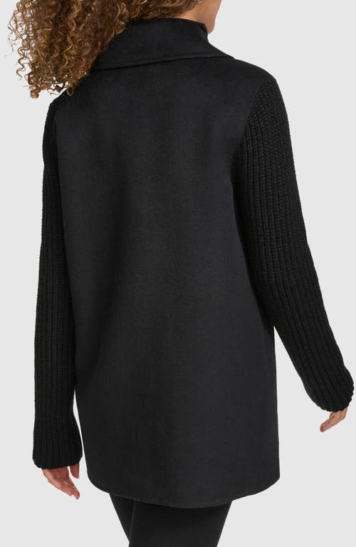 Shop Kenneth Cole Double Breasted Knit Sleeve Double Face Wool Blend Coat In Black