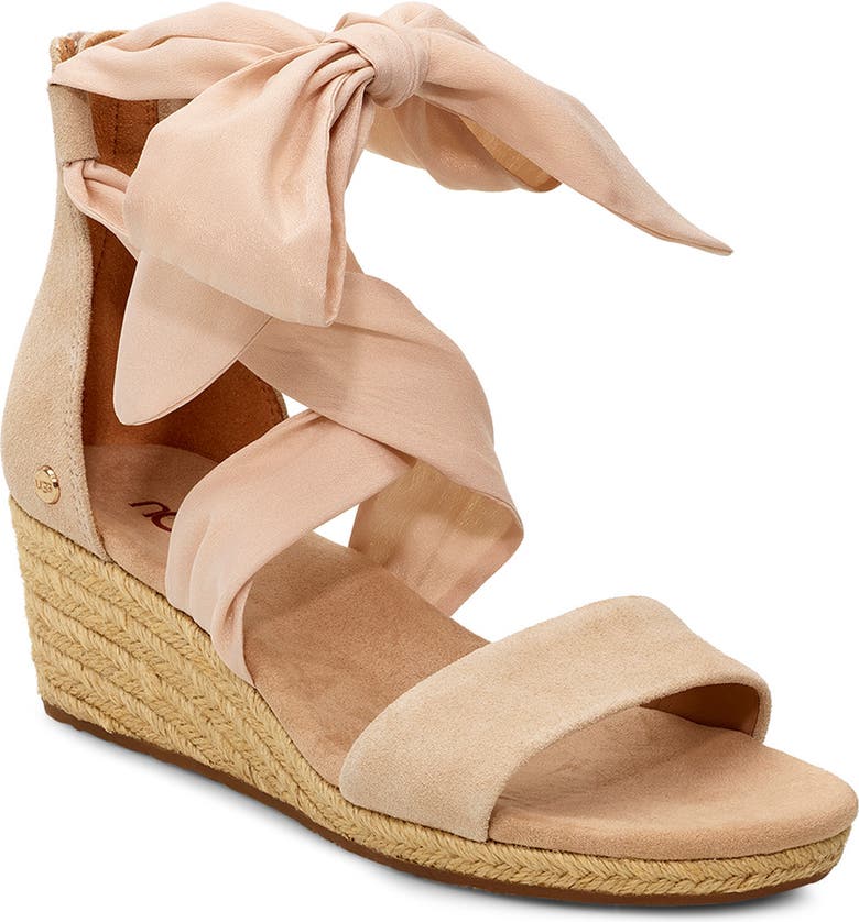 UGG<SUP>®</SUP> Trina Ribbon Tie Wedge Sandal, Main, color, NUDE LEATHER