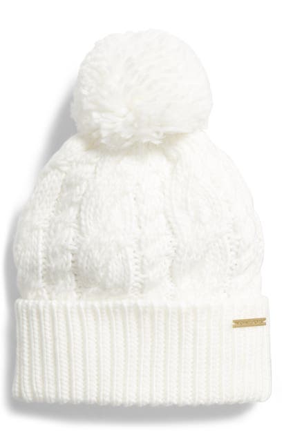 Michael Michael Kors Pompom Cable Knit Beanie In Cream/ Hp Gold