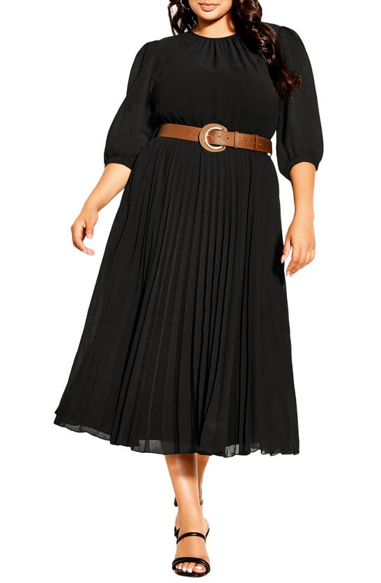 City Chic Love Pleat Belted Dress In Black
