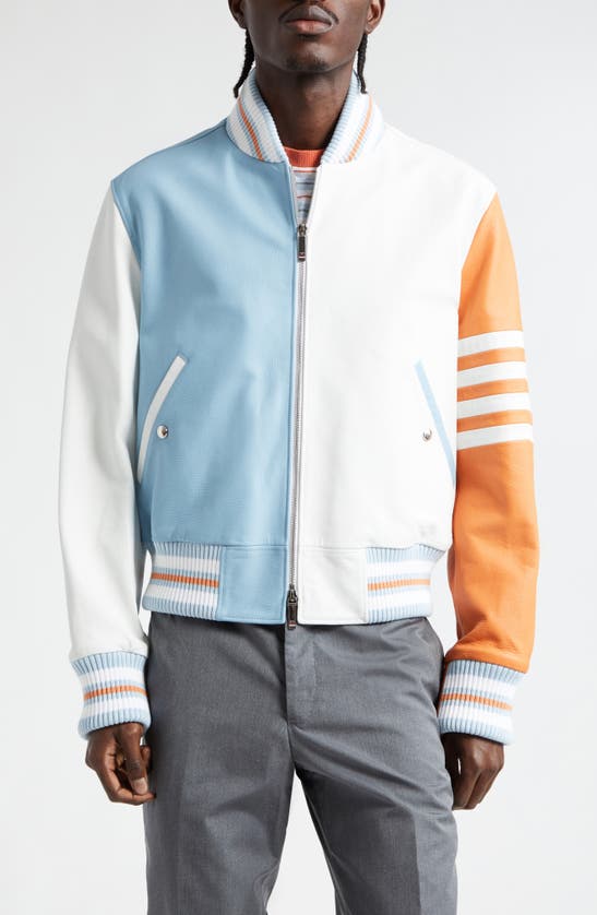 Thom Browne Fun-mix 4-bar Colorblock Leather Bomber Jacket In Multi