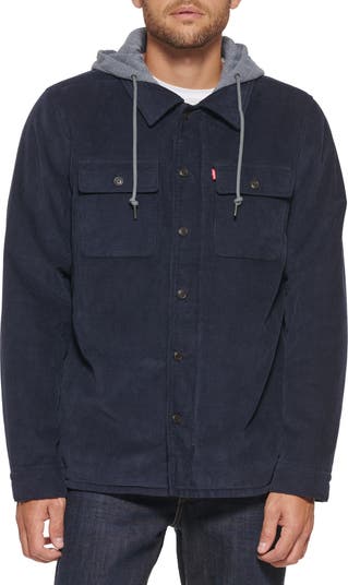 Hooded corduroy trucker jacket cheap with faux shearling lining