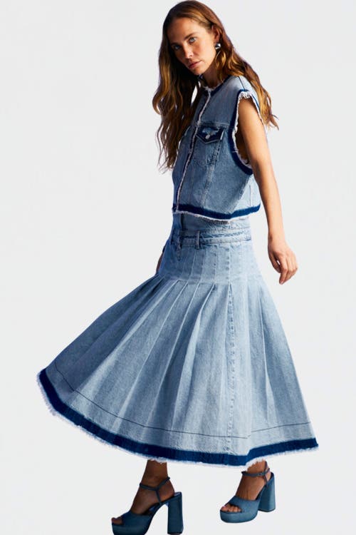 Shop Nocturne Pleated Long Denim Skirt In Blue