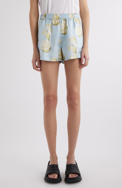 Shop Givenchy Lemon Print Silk Shorts In Blue/yellow