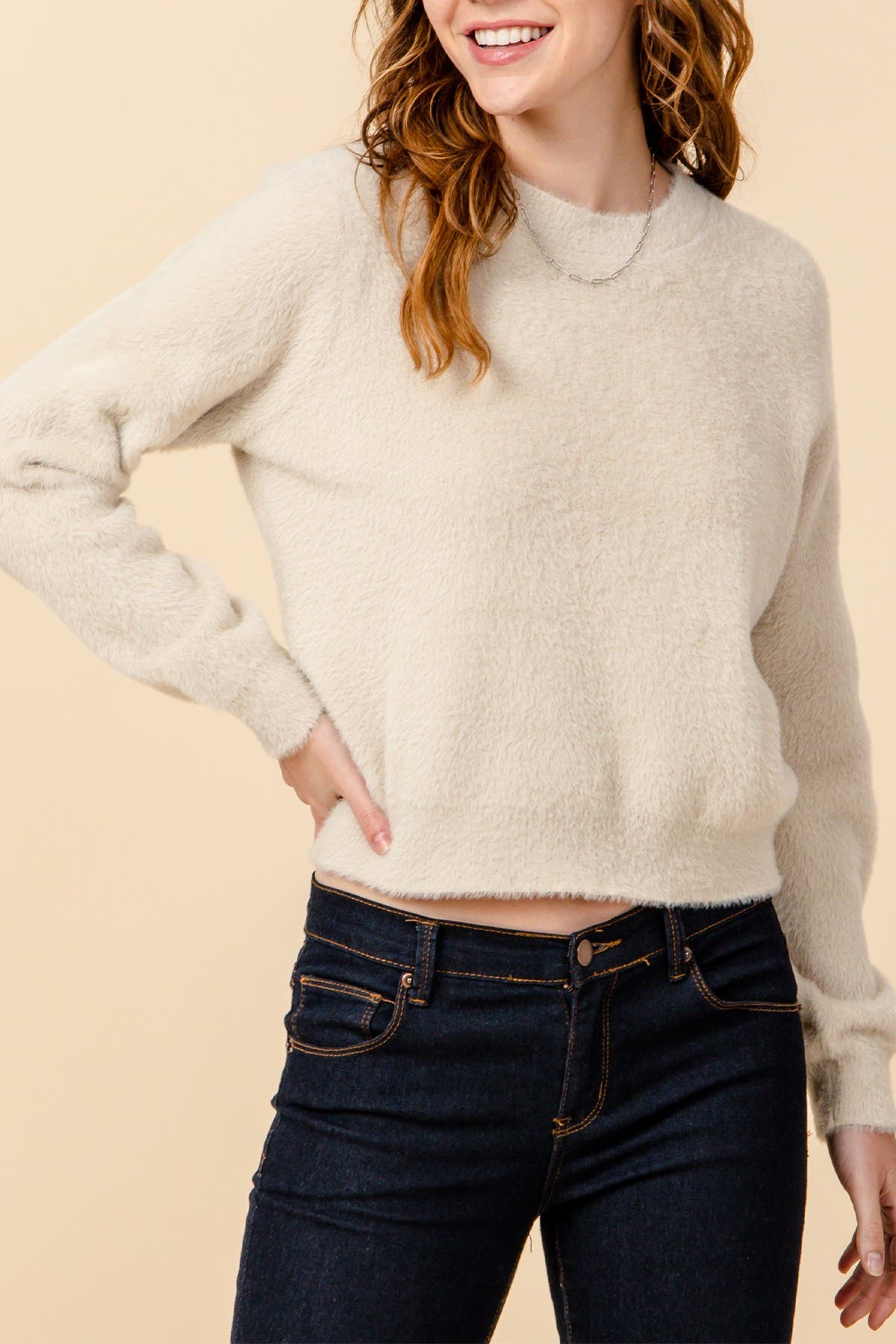 fuzzy crew neck sweater