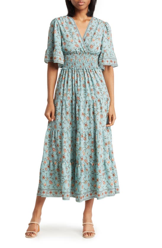 Max Studio Smocked Waist Midi Dress In Eucalyptus/ Cream Wildflower