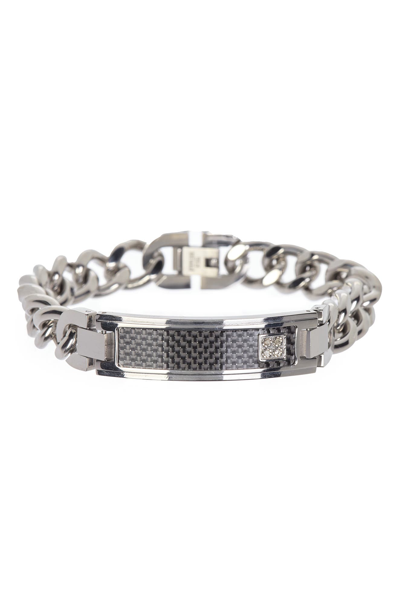 English Laundry Checker Id Bar Curb Chain Stainless Steel Bracelet In Silver/ Silver