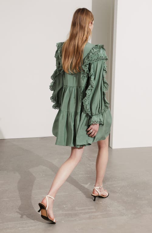 Shop & Other Stories Eyelet Ruffle Long Sleeve Mini Shirtdress In Khaki Green Medium