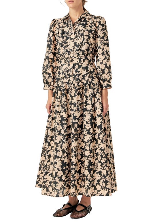 ENGLISH FACTORY ENGLISH FACTORY BELTED TIERED PRINT LONG SLEEVE COTTON MIDI DRESS 