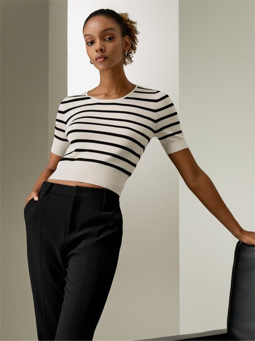 Shop Lilysilk Silk Striped Cropped Knit Top In White With Black Stripes