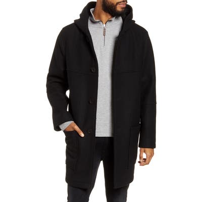 Vince Duffle Hooded Wool Blend Coat, Black