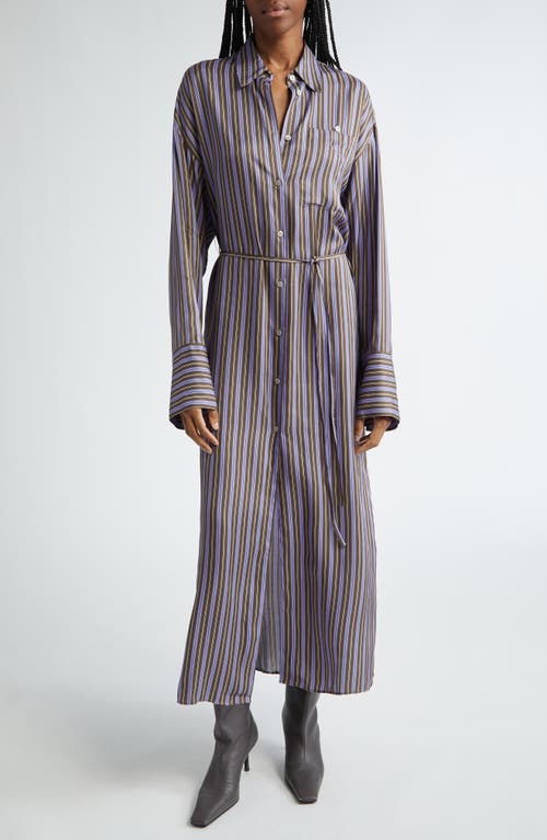 Shop Acne Studios Delestina Stripe Long Sleeve Satin Shirtdress In Purple/anthracite Grey