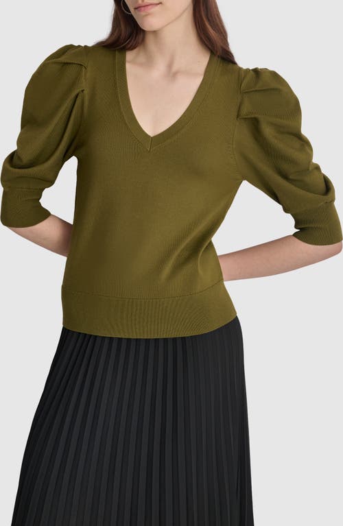 Shop Dkny Puff Sleeve V-neck Sweater In Dark Olive