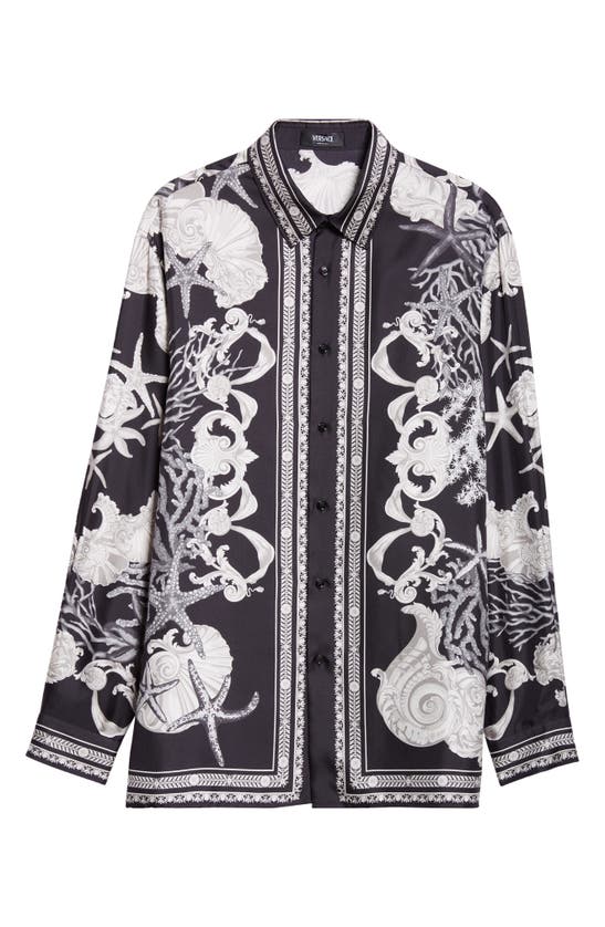 Shop Versace Seashell Barocco Print Silk Button-up Shirt In Black Concrete Bone