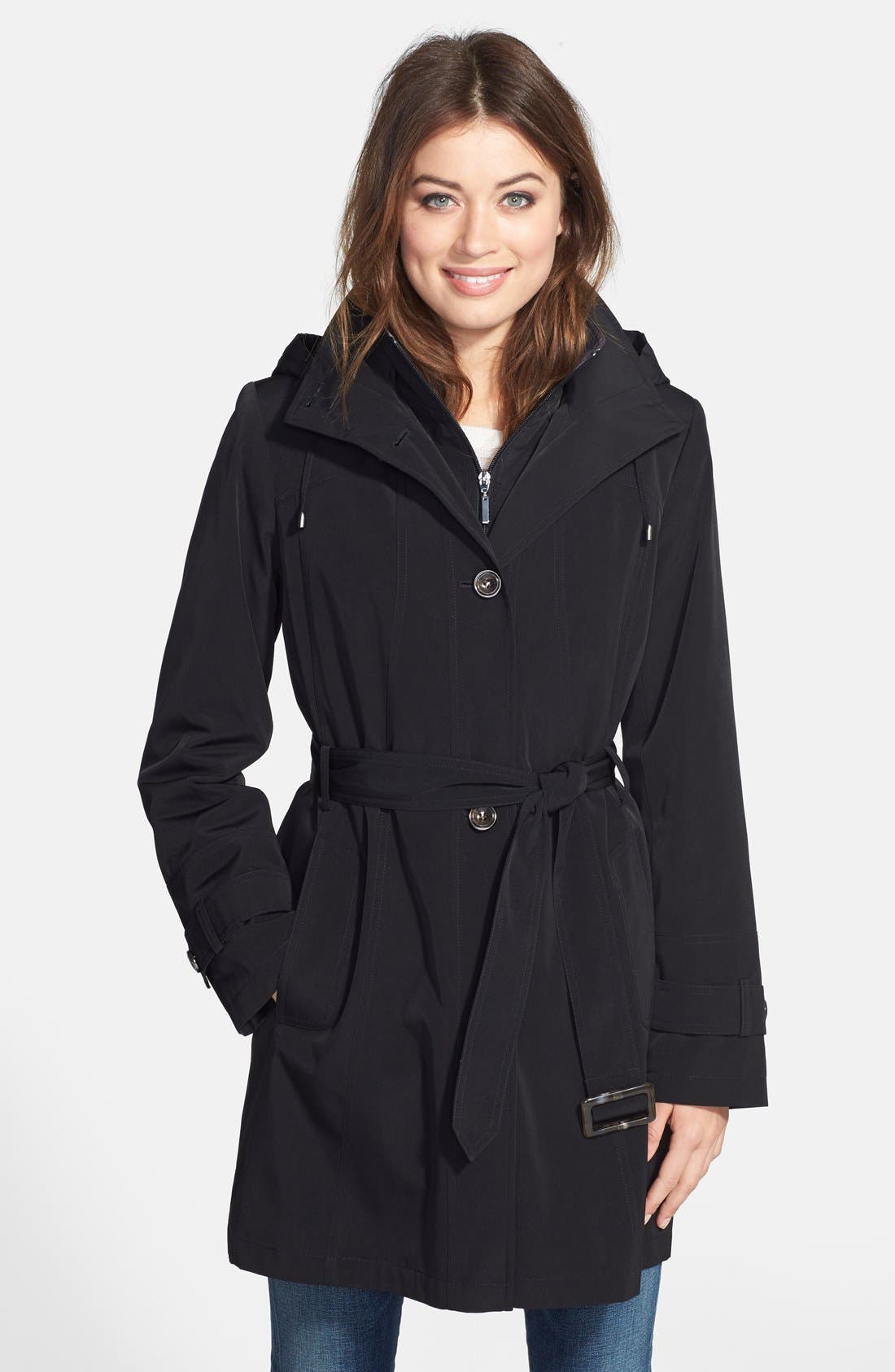 Gallery TwoTone Belted Raincoat with Detachable Hood & Liner
