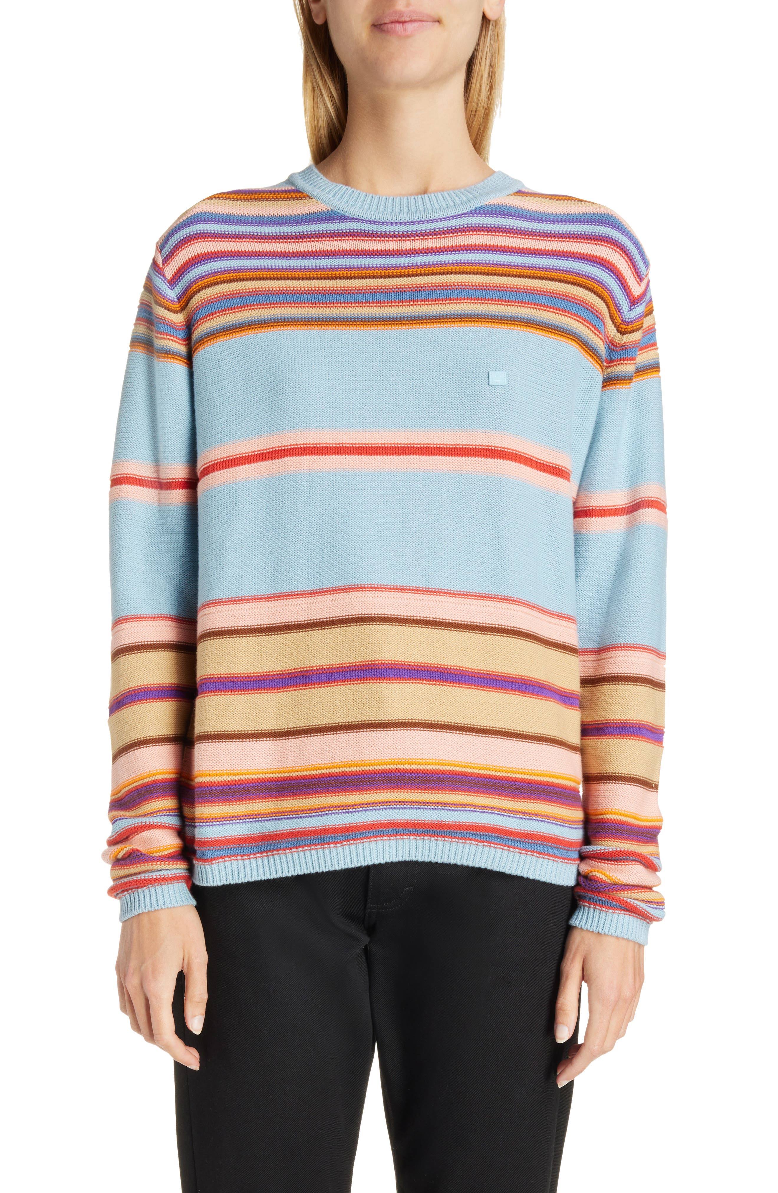 Acne Studios Kenzil Face Patch Stripe Cotton Sweater in Dusty Blue