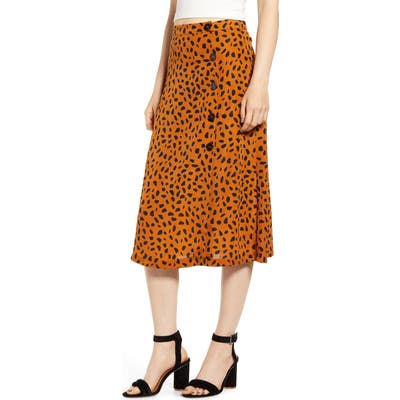 All In Favor Animal Print Button Midi Skirt, Brown