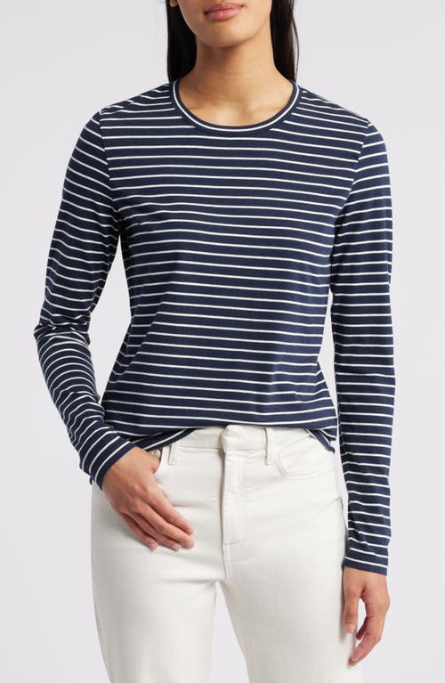 Shop Caslonr Caslon(r) Crewneck Long Sleeve T-shirt In Navy- Ivory Carlotta Stripe