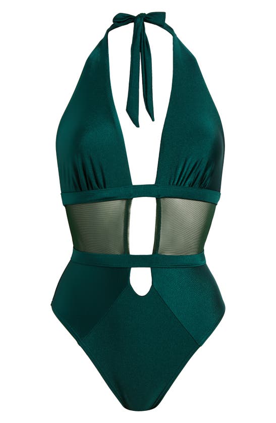 Shop Villa Fresca Stella Plunge Mesh Inset One-piece Swimsuit In Shinny Cypress