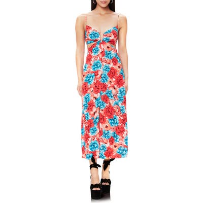 Afrm Koa Notch Neck Cutout Print Midi Dress, Red