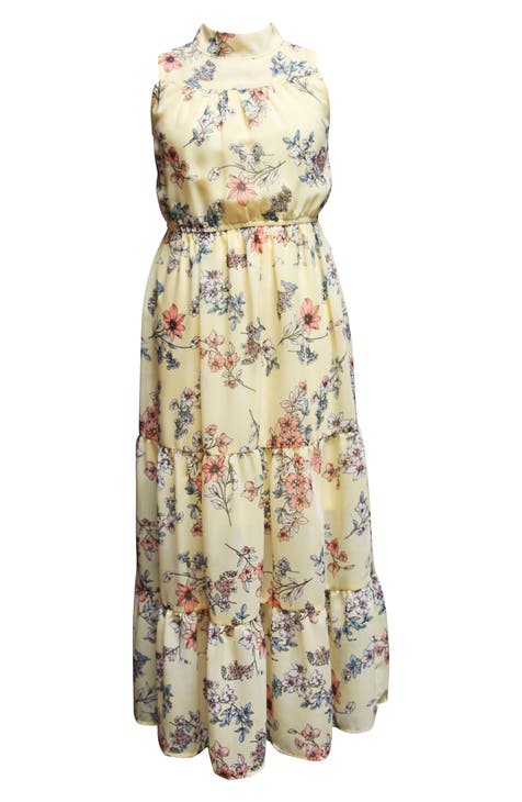 AVA AND YELLY Floral Mock Neck Tiered Maxi Dress (Big Girls)