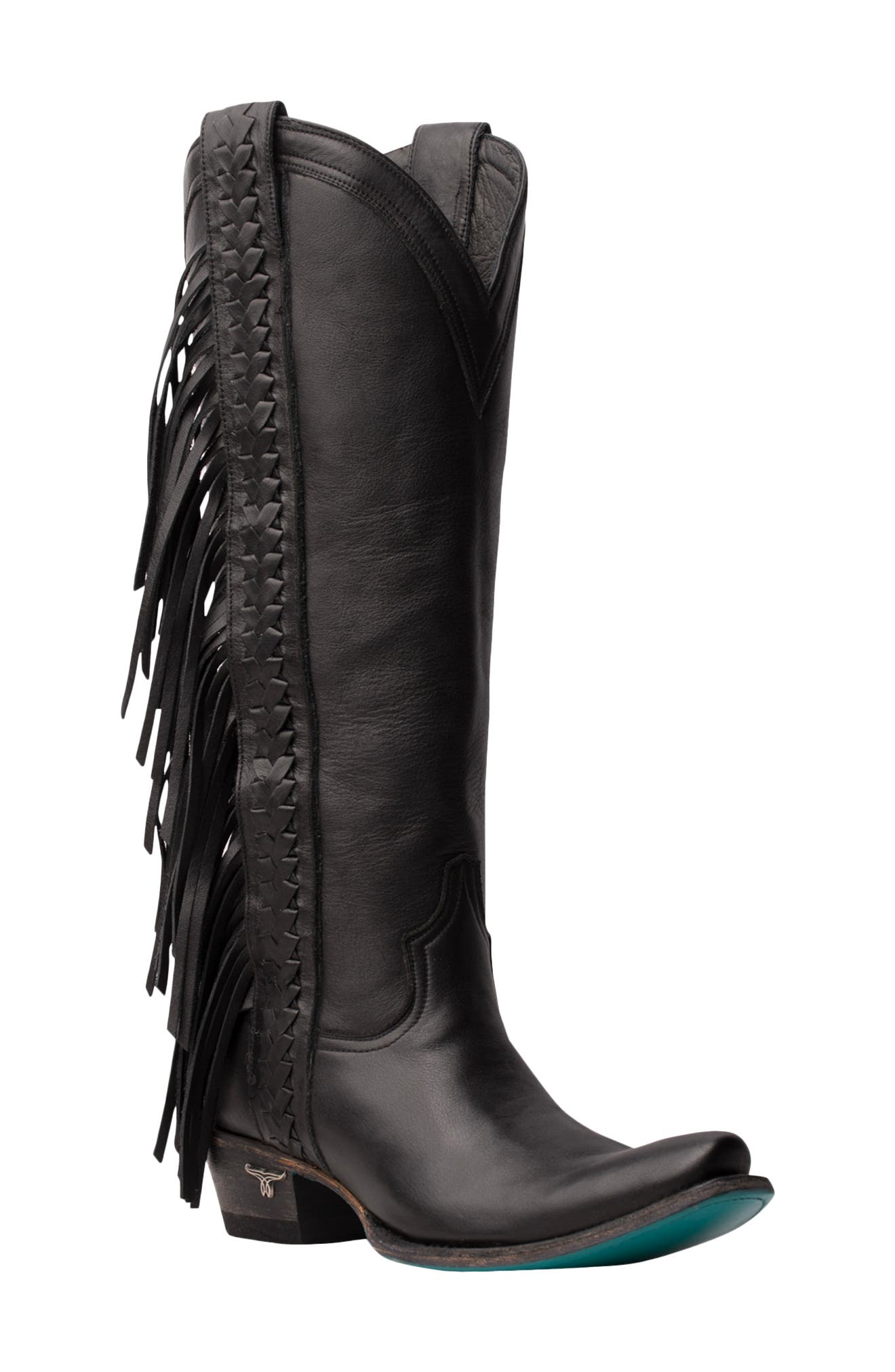 black fringe knee high boots