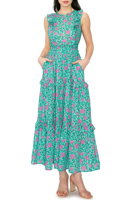 Floral Print Ruffle Sleeveless Maxi Dress in Pink/Green