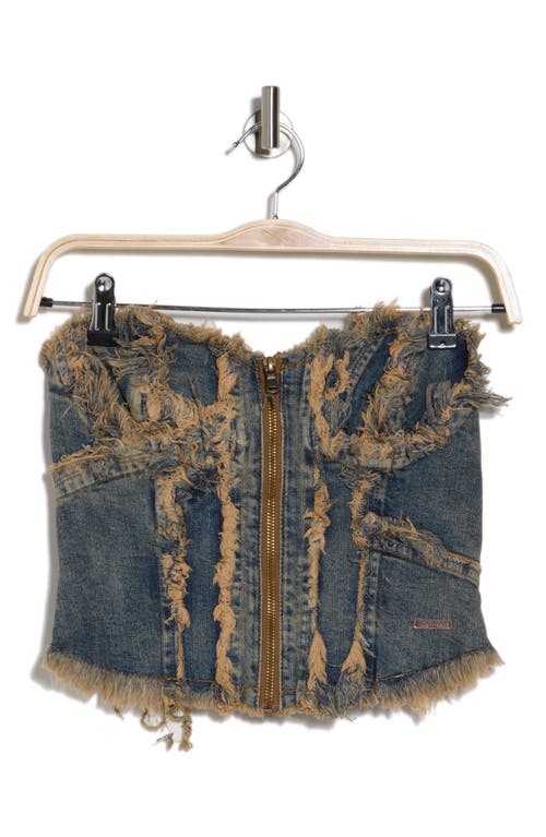 Shop Bdg Urban Outfitters Frayed Edge Strapless Denim Corset In Vintage Denim