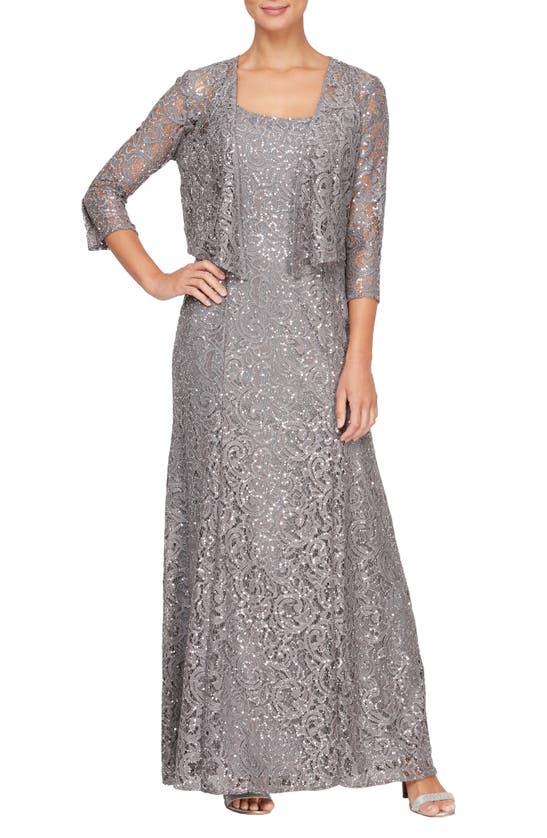 Alex Evenings Sequin Lace Jacket Gown In Charcoal