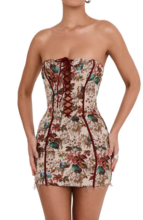 Mistress Rocks Floral Jacquard Strapless Corset Minidress In Beige Multicolor