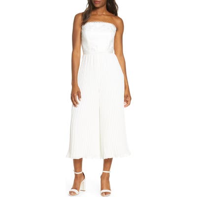 Adelyn Rae Annabelle Pleated Strapless Lace Culotte Jumpsuit, White