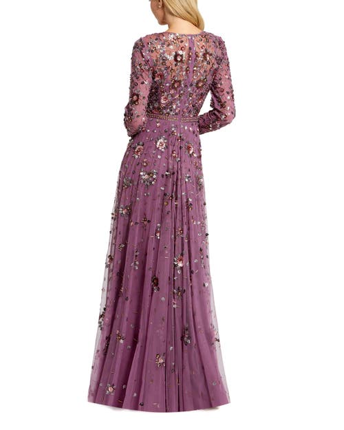 Mac Duggal Long Sleeve High Neck Beaded Gown In Raspberry