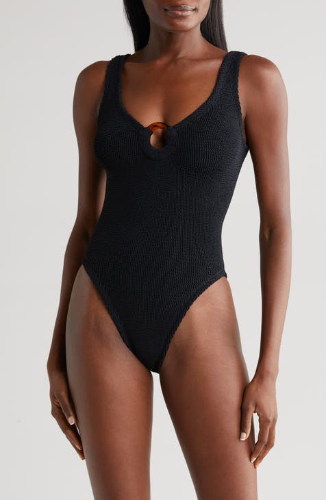 Square-Neck Striped Seersucker One-Piece Swimsuit for Women