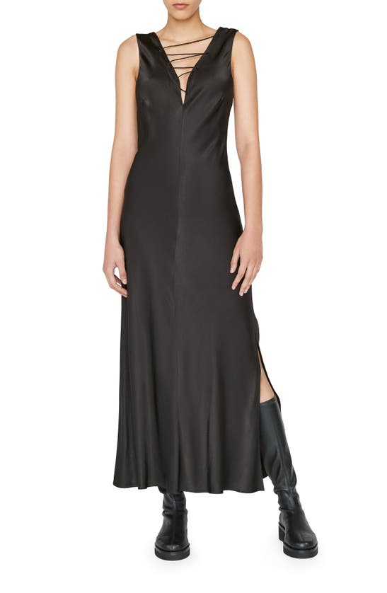 Frame Lace Front Satin Maxi Dress In Noir