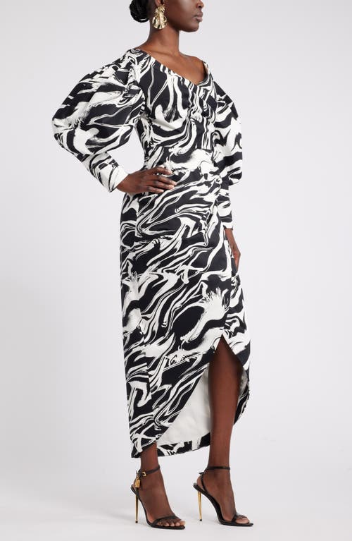 Shop Nordstrom X Harlem's Fashion Row Megan Renee Off The Shoulder Long Sleeve Dress In Black- Ivory Encaust Abstract