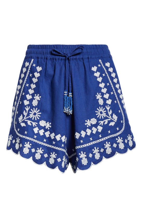 Shop Farm Rio Embroidered Linen Blend Shorts In Navy Blue