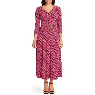 Chaus Parquet Stripe Belted Tea Length Dress, Pink