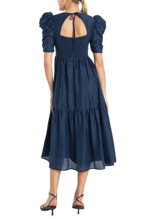 Shop English Factory Puff Sleeve Midi Dress In Navy