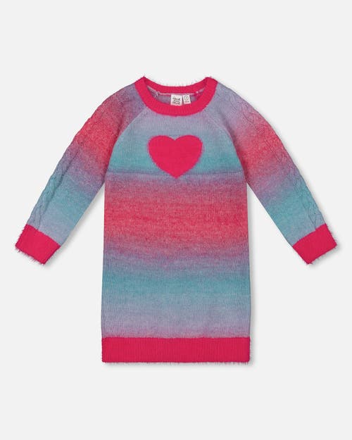 Shop Deux Par Deux Girl's Knit Dress With Heart Gradient Candy Pink And Blue In Mulicolor Stripe