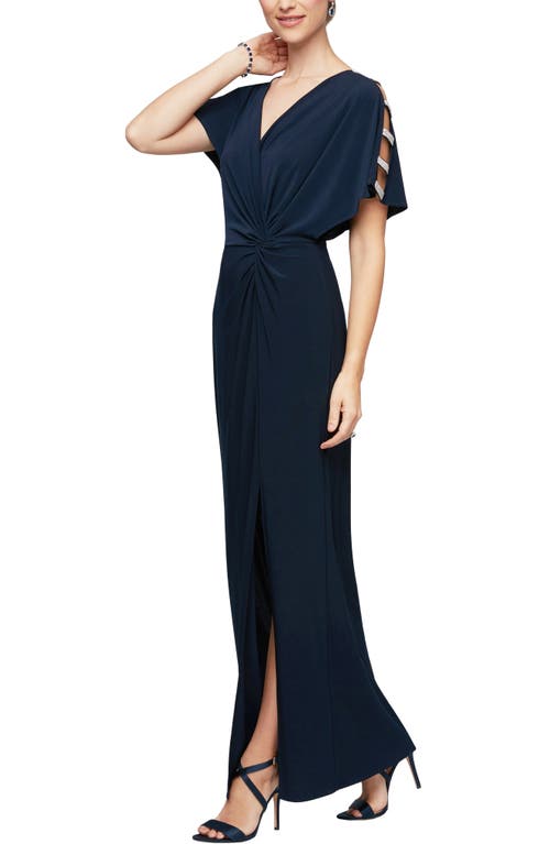 Alex Evenings Embellished Sleeve Knot Front Jersey Gown at Nordstrom,