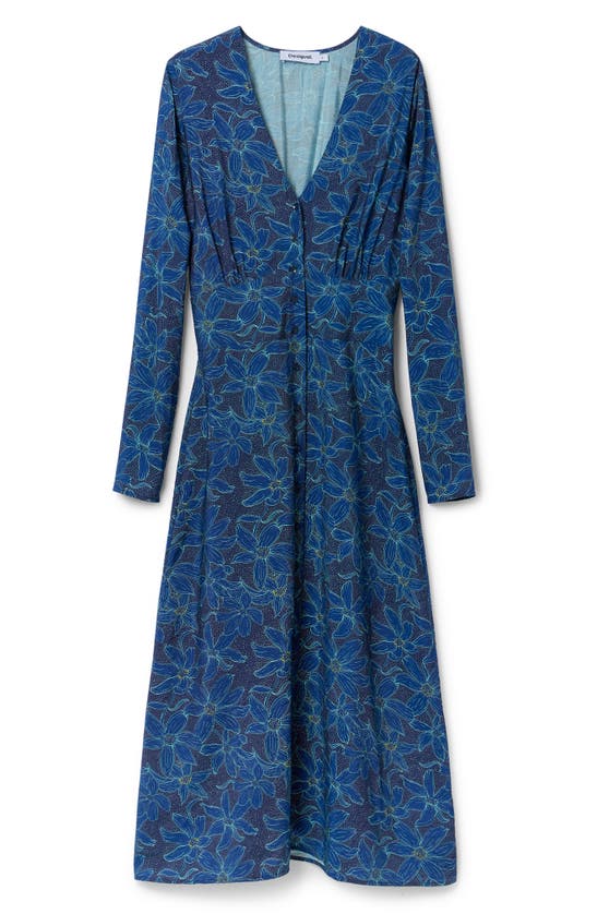 Shop Desigual Floral Long Sleeve Midi Dress In Blue