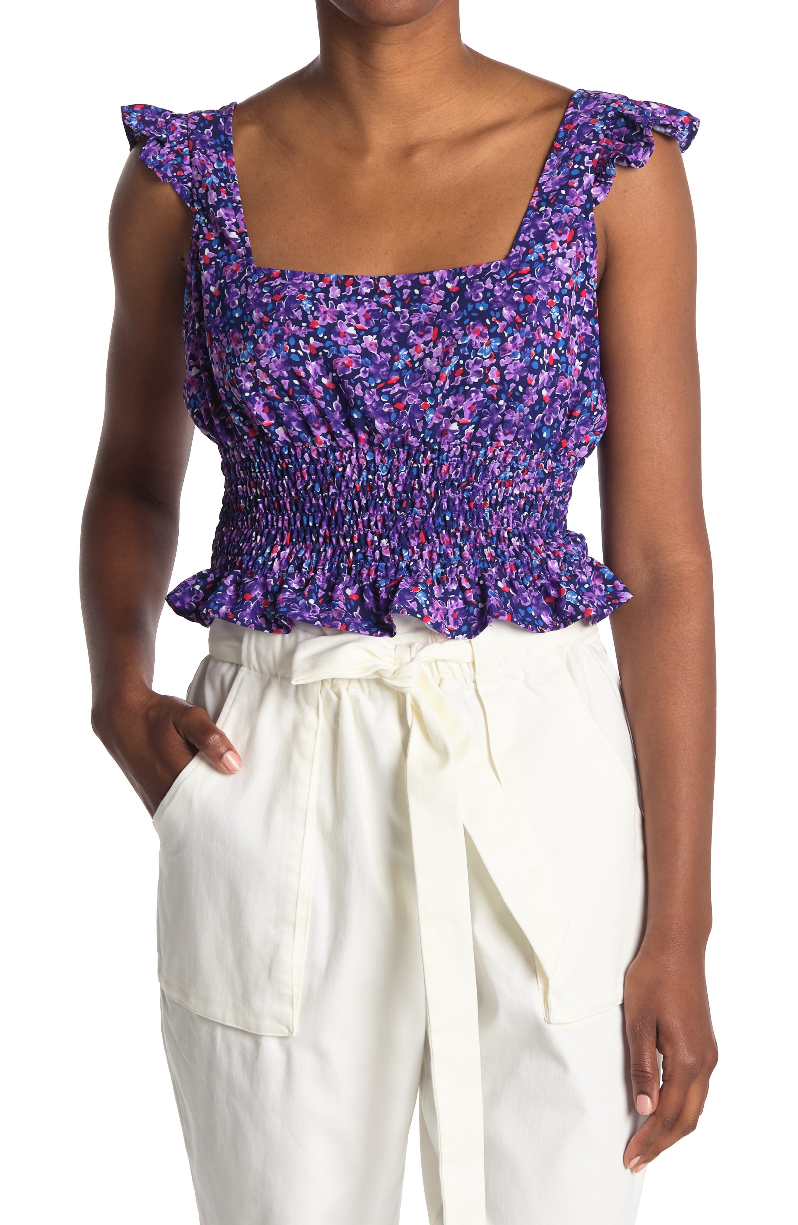 Bcbgeneration FLORAL RUFFLED SMOCKED CROP TOP