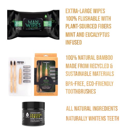 Pursonic Grooming Essentials Bundle Eco-friendly Razor + Flushable Man Wipes + Activated Coconut Cha In Black