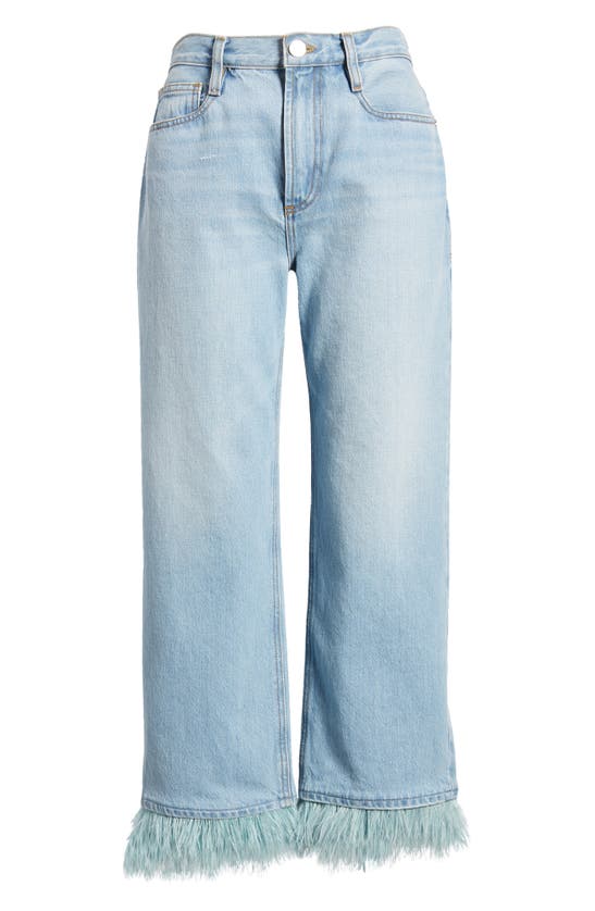 Shop Frame Le Jane Faux Feather Hem High Waist Ankle Wide Leg Jeans In Legacy Clean