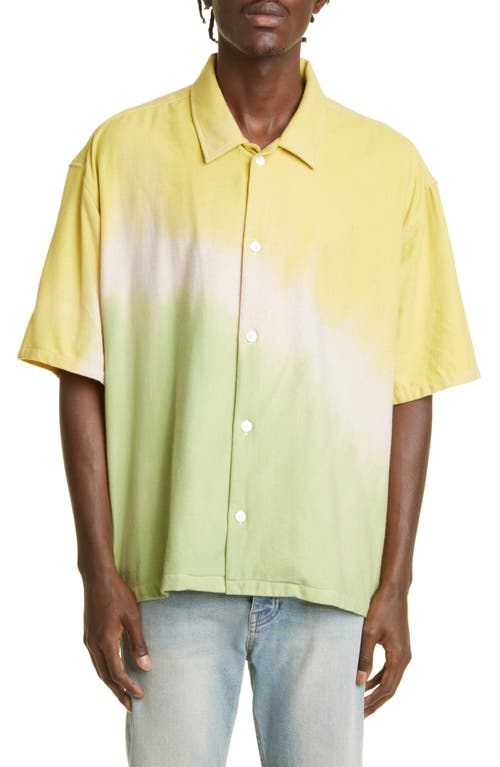 The Elder Statesman Blot Oversize Short Sleeve Tie Dye Button-Up Shirt in Almond/Yellow/Green