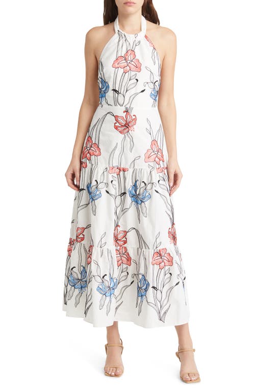 Milly Hayden Halter Floral Embrodiered A-Line Dress in White Multi