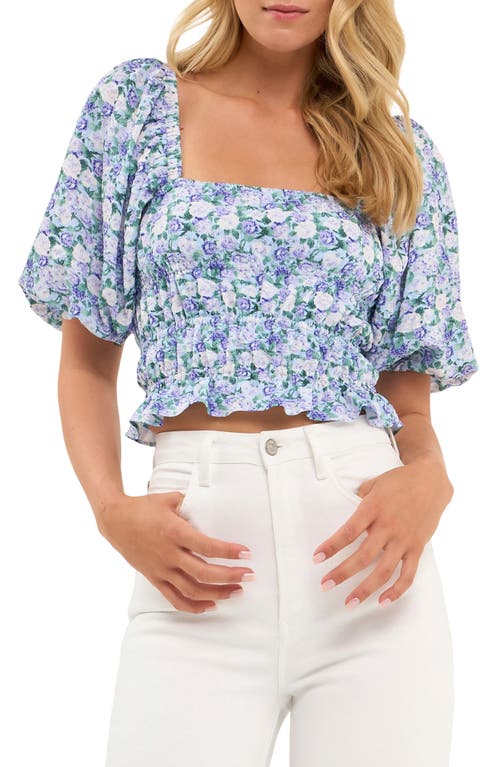 English Factory Floral Shirred Puff Sleeve Crop Top Blue/Purple at Nordstrom,